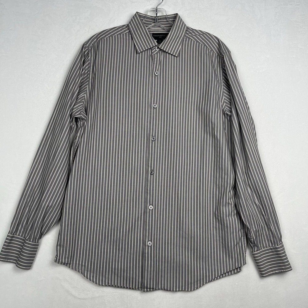 Banana Republic Gray and White Striped Long Sleeve Button Up Dress Shirt‎ MEDIUM